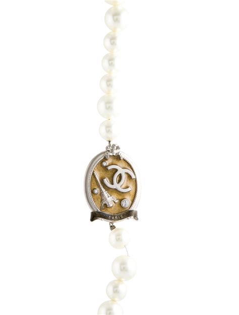 chanel eiffel tower necklace|Chanel Enamel, Faux Pearl, & Strass CC Eiffel Tower Pendant .